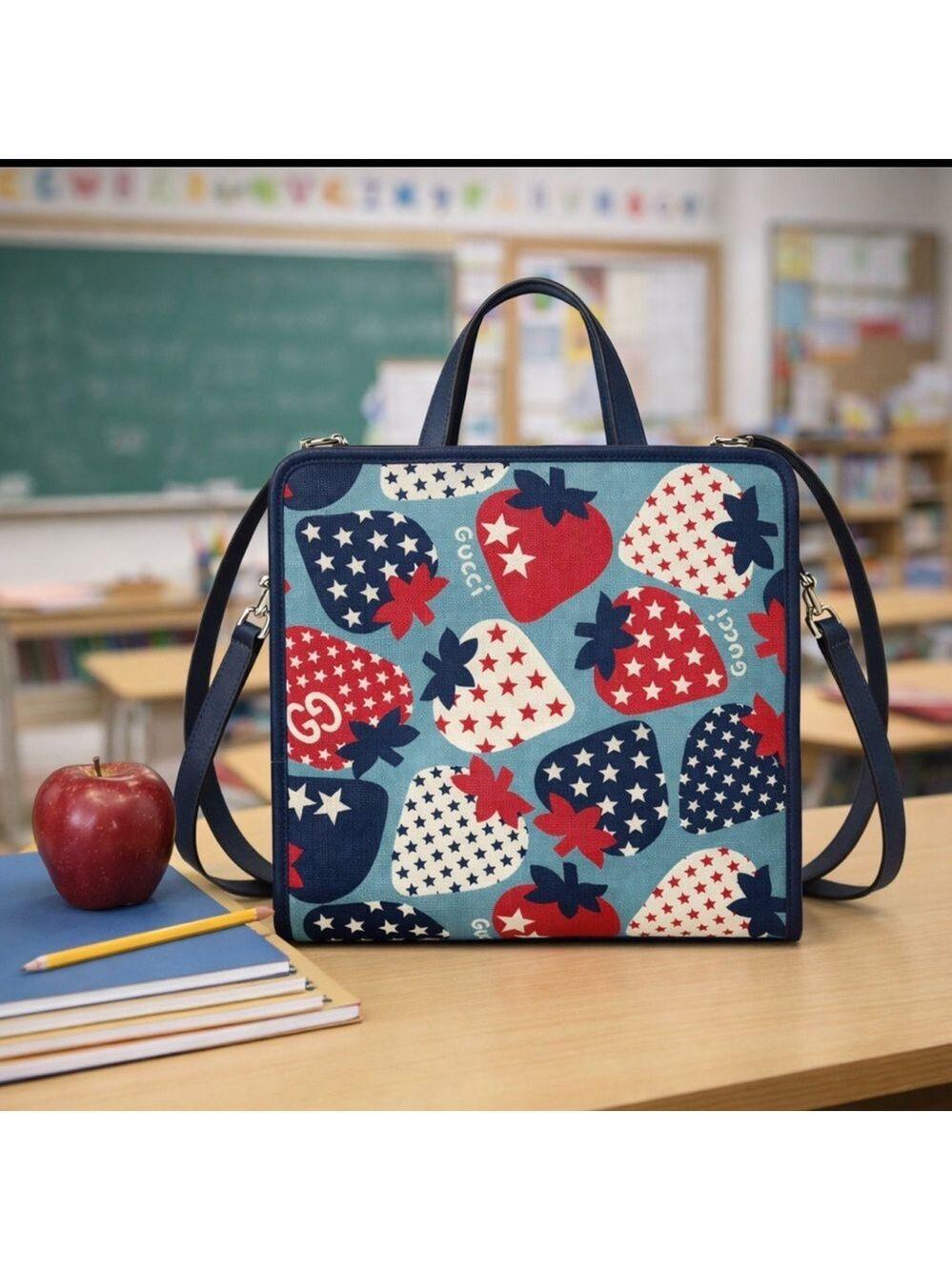 GUCCI Kids Strawberry & Stars Canvas Tote Bag Blue Italy 605614 Shoulder Strap